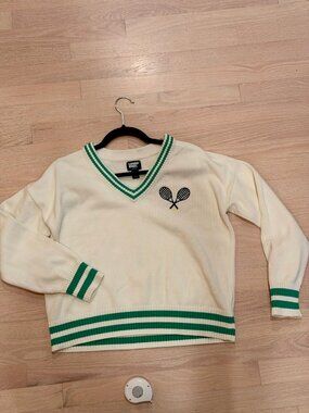 Lands' End Drifter Tennis Sweater Cream V-Neck Green Stripe Embroidered Rackets